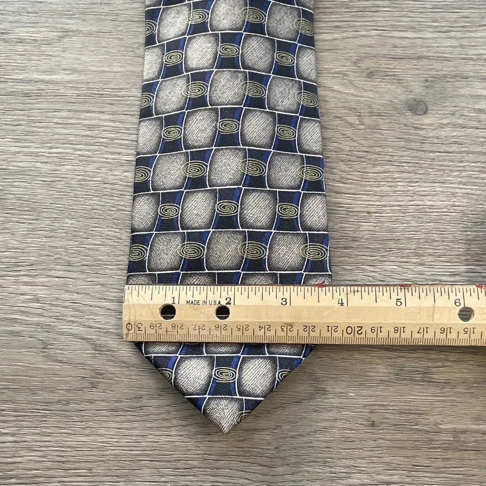 Siena Collezione Men's silk handmade tie, blue gray gold geometric,  52 inch